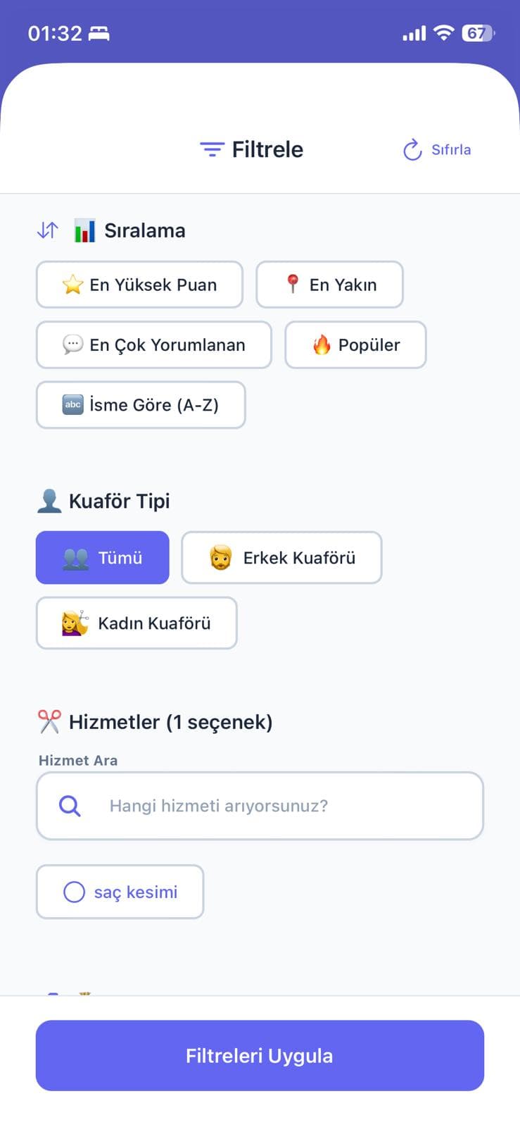 Kuaför Asistan kuaför filtreleme ekranı
