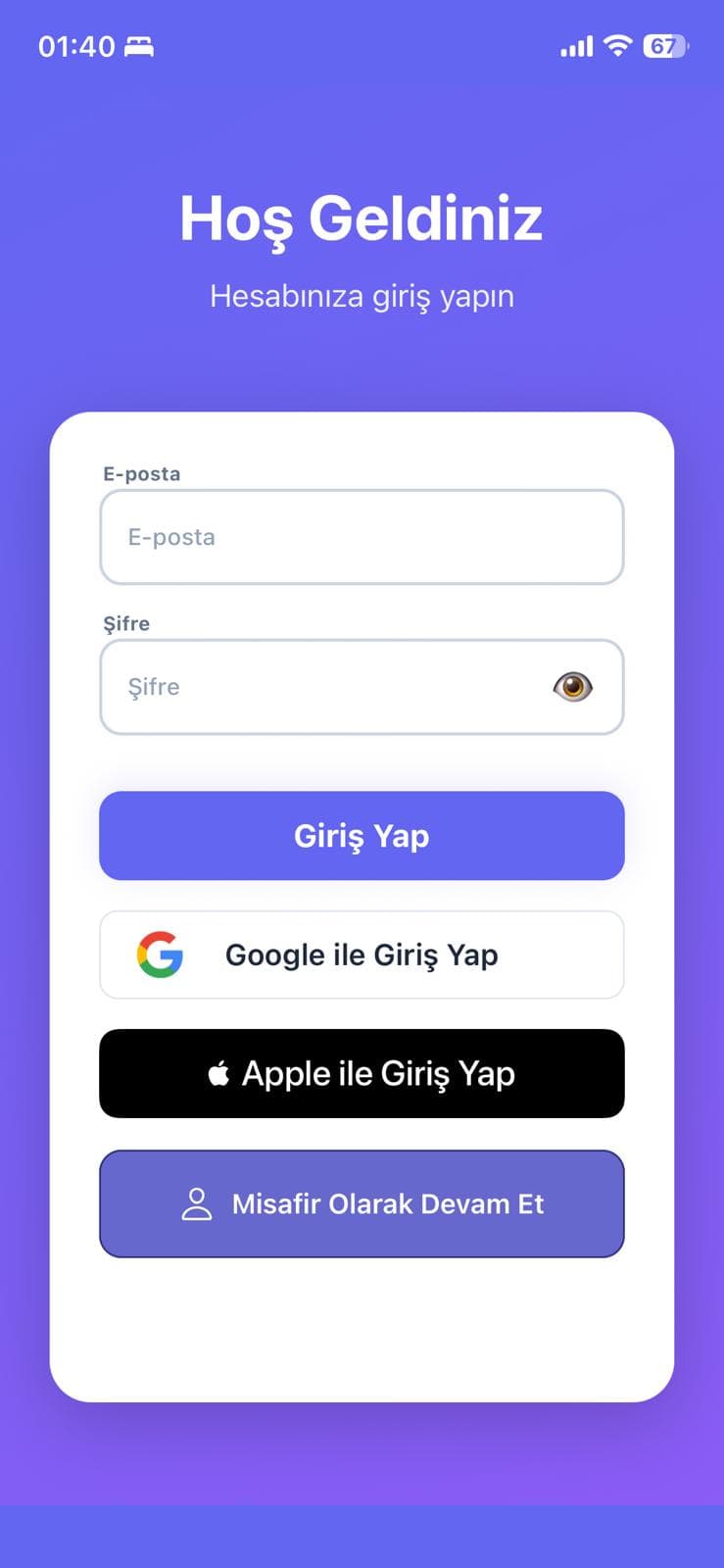Kuaför Asistan giriş ekranı