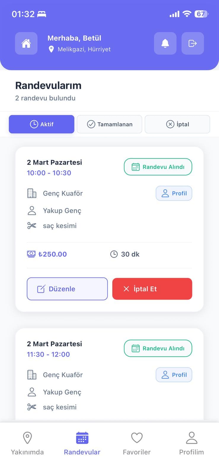Kuaför Asistan randevu listesi ekranı