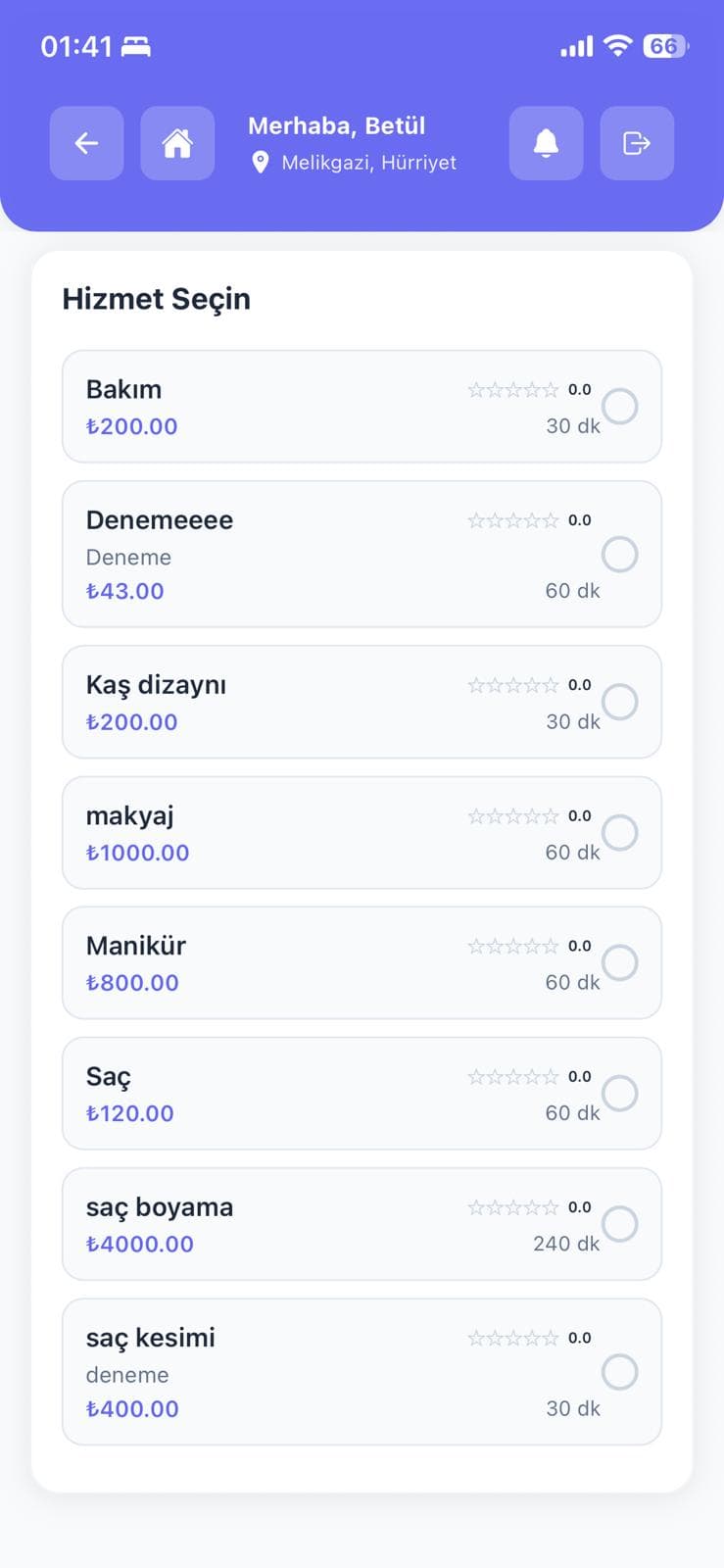 Kuaför Asistan randevu için hizmet seçim ekranı